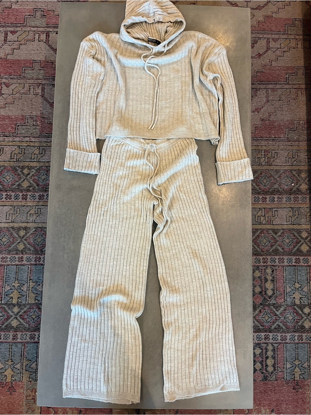 Nasty Gal Cream Ribbed Knit Hoodie & Wide-Leg Pants Set - Like New - Size Small